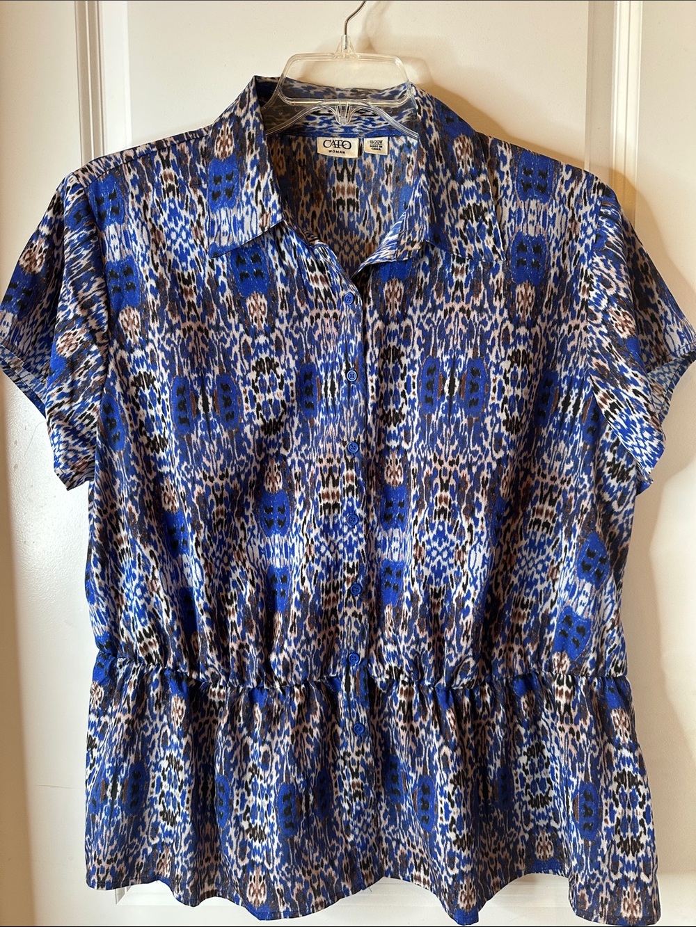 Cato Blue Multi-Pattern Short Sleeve Button-Front Peplum Top